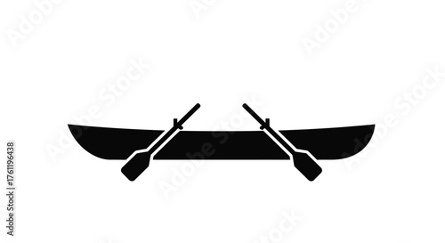 A simple black and white illustration of a canoe with two paddles