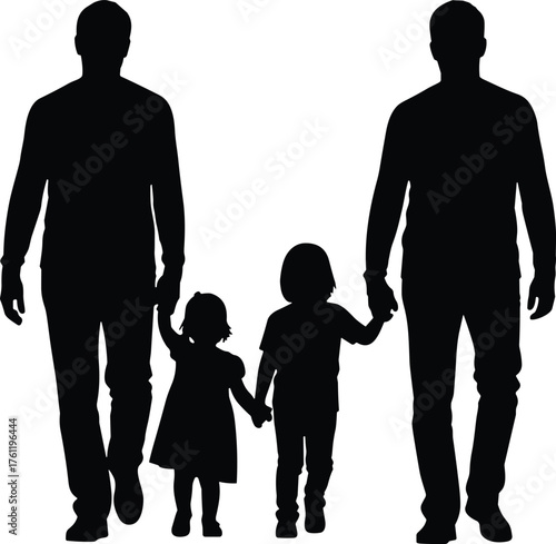 Family walking together silhouette cartoon illustration, symbolic unity and expressive gesture artwork for lifestyle and emotional storytelling design