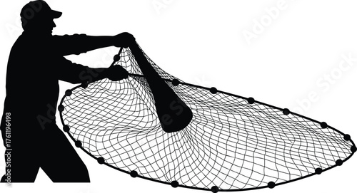 Fisher casting circular net silhouette cartoon illustration, symbolic labor and expressive gesture artwork for nature and lifestyle design