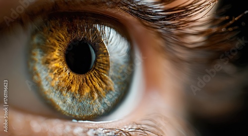 Extreme Close Up of a Human Eye with Golden and Green Iris.