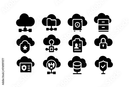 Cloud computing solid icon set. Data protection, storage, network security collection