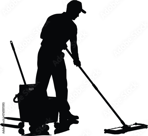 Janitor mopping floor with cleaning cart silhouette cartoon illustration, symbolic labor and expressive gesture artwork for hygiene and lifestyle design