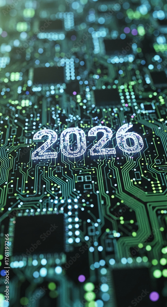 Fototapeta premium Digital rendering of green electronic circuit board with visible components forming number 2026, symbolizing progress, future, technology, innovation