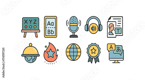 Education and communication flat icon set. Learning, language, teaching flat icons collection.