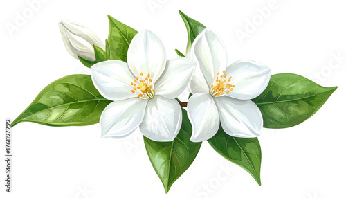 Digital illustration of white flowers with green leaves, bud, and detailed pistils