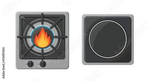 Illustration of a gas and electric stovetop burner side by side view