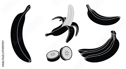 Black and white illustration depicting bananas and sliced citrus fruit