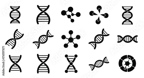 A collection of black and white molecular biology icons and dna structures