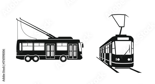 Simple black and white illustration of a vintage tram and trolley car
