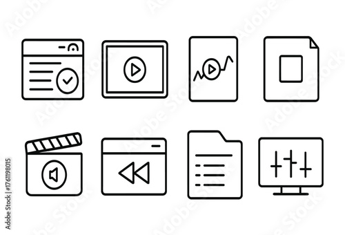 Multimedia interface line icon set. Media, video, audio, player, control icons collection