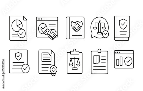 Business and finance outline icon set. Charts, documents, and legal symbols collection.