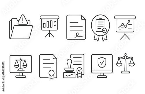 Legal and document outline icon set. Contract, certification linear icons collection