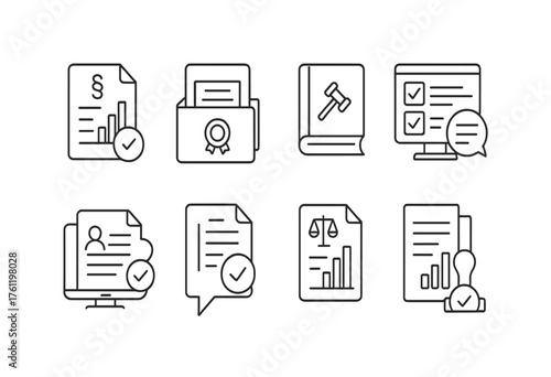 Legal and document outline icon set for law, contract, and court applications