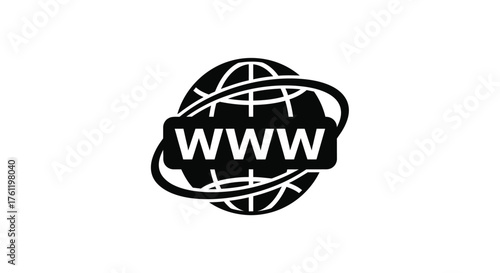A black and white depiction of a globe with www on its surface