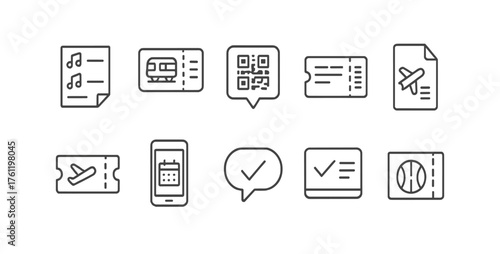 Ticket, booking line icon set. Qr, boarding pass, travel outline icons collection