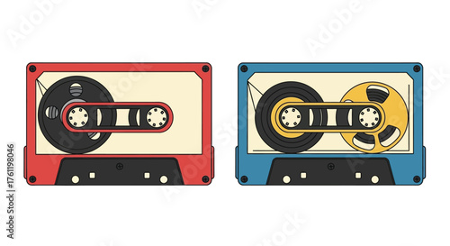 Retro cassette tapes with vibrant colors and detailed spools are displayed