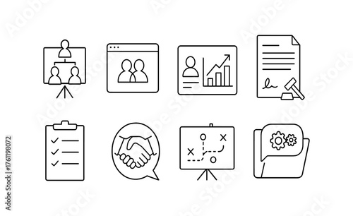 Business and office line icon set with chart, document, and teamwork symbols