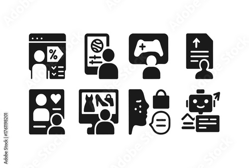 Business and technology solid icon set: workflow, analytics, and more essentials