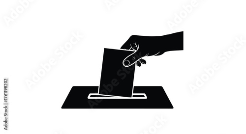 A hand inserting a ballot into a black voting box silhouette