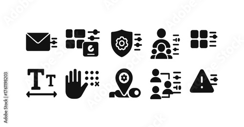 Data management solid icon set. Workflow, settings, user interface icons collection.