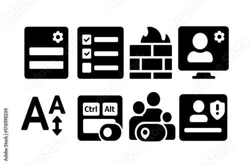 Cybersecurity solid icon set. Firewall, software and security symbols collection