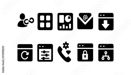 Business, analytics filled icon set. Data, email, security icons bold collection