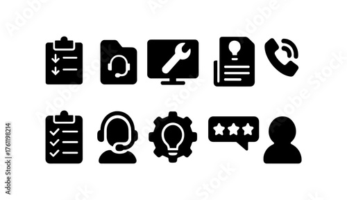 Customer service solid icon set. Support and communication icons solid collection