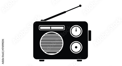Simple black and white illustration of a vintage portable radio design