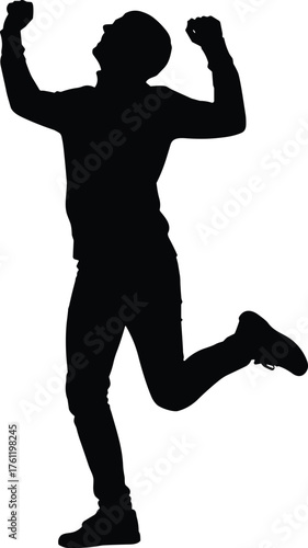 Person jumping with raised fists silhouette cartoon illustration, symbolic triumph and expressive gesture artwork for lifestyle and emotional design