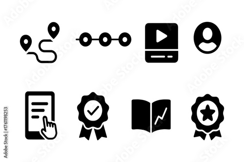 Education and learning solid icon set. Study, achievement, digital learning icons collection
