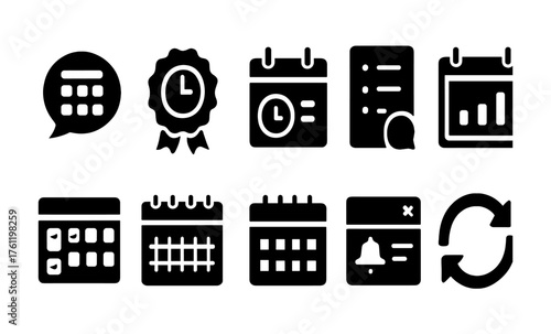 Calendar and schedule solid icon set. Planning, organization tools in solid style