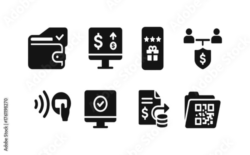 Finance and business solid icon set. Wallet, payment, transaction visual symbols.