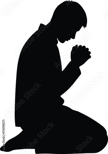 Person kneeling in prayer silhouette cartoon illustration, symbolic spirituality and expressive gesture artwork for lifestyle and emotional design