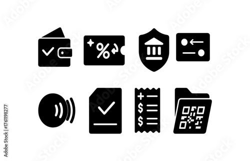 Finance, banking solid icon set. Payment, transaction, and security icons collection