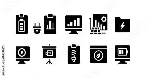 Technology and energy solid icon set. Gadgets, battery, analytics symbols collection