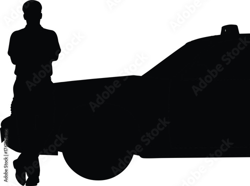 Person leaning against car silhouette cartoon illustration, symbolic posture and expressive gesture artwork for service and lifestyle design