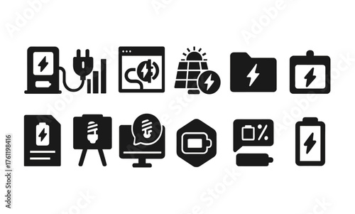 Renewable energy solid icon set. Sustainable symbols collection for eco-friendly solutions.