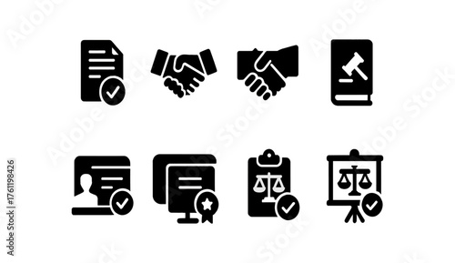 Business and legal filled icon set. Contracts, legal documents, agreements, justice icons