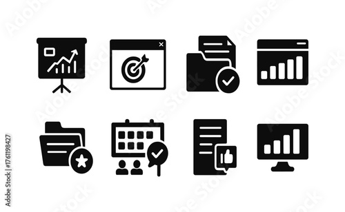Business analytics solid icon set. Data, statistics, charts, performance icons collection