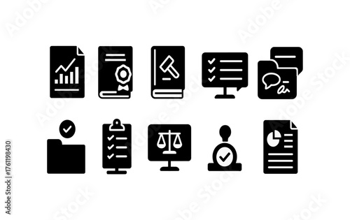 Business and legal solid icon set. Essential tools for paperwork and management