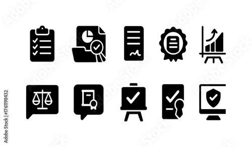 Business and analytics solid icon set. Management, data visualization icons collection