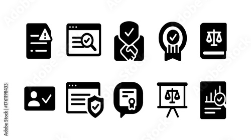 Compliance and certification solid icon set. Audit, security, law symbols.