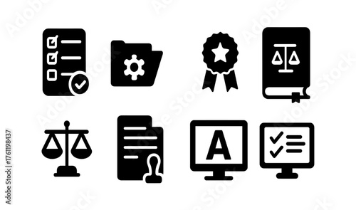 Law and compliance solid icon set. Legal, justice, certification, document icons