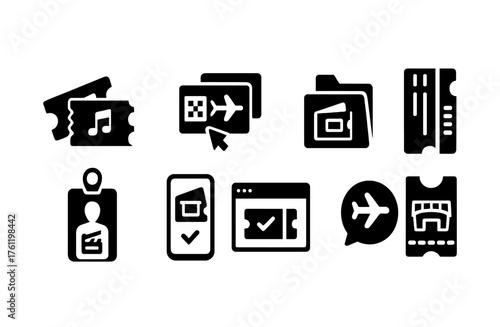 Event tickets and reservation solid icon set for digital booking platforms