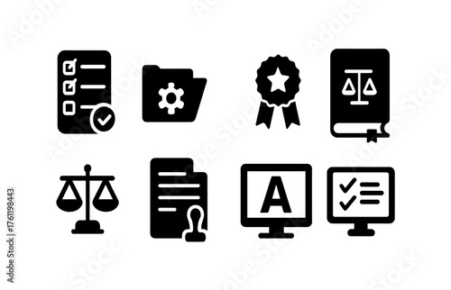 Law and office solid icon set. Legal, education, administrative icons solid collection