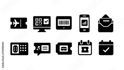 Ticketing and events solid icon set: tickets, calendar, mobile ticketing icons