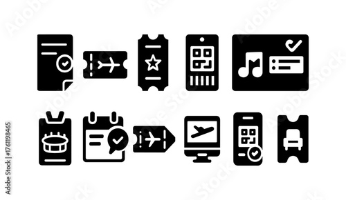 Travel and booking solid icon set. Transportation and ticketing symbols collection