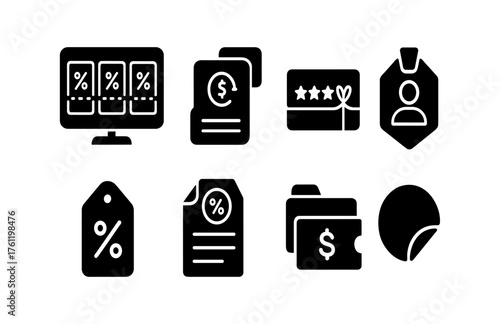 Business and finance solid icon set: ecommerce, money, tag, folder symbols collection