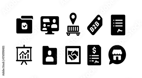 Business and management solid icon set for efficient workflow and organization