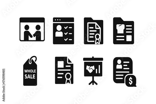 Business, marketing solid icon set. Corporate, sales, checklist solid icons collection